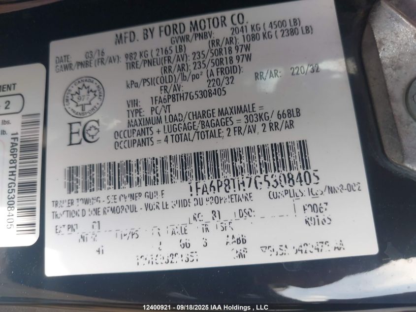 2016 Ford Mustang Ecoboost Premium VIN: 1FA6P8TH7G5308405 Lot: 12400921