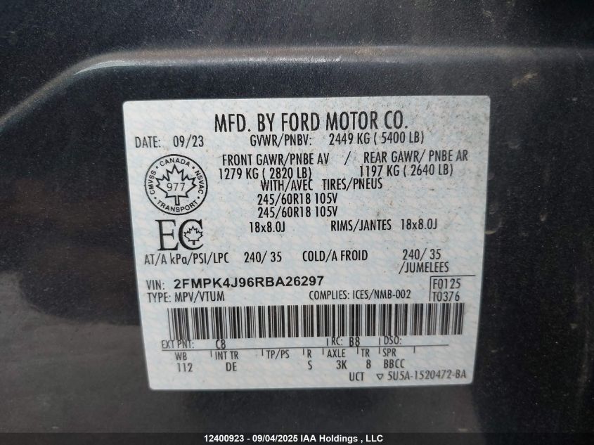 2024 Ford Edge Sel VIN: 2FMPK4J96RBA26297 Lot: 12400923