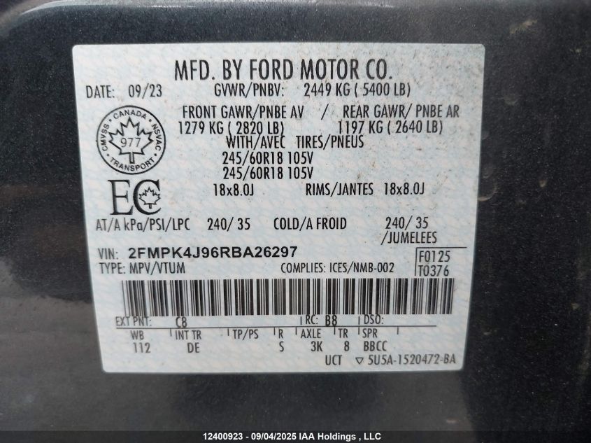 2024 Ford Edge Sel VIN: 2FMPK4J96RBA26297 Lot: 12400923