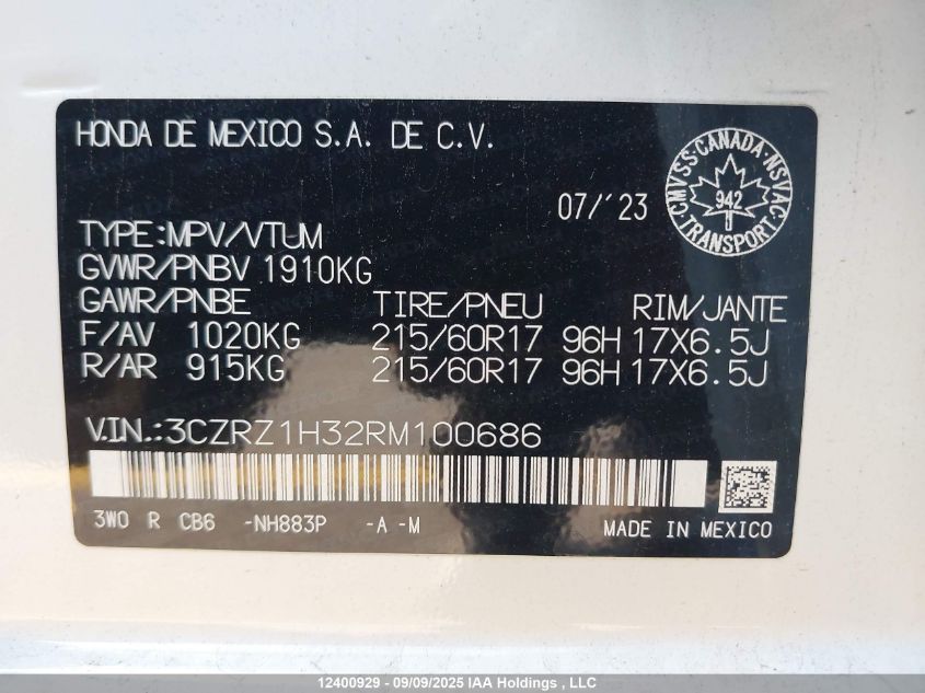 2024 Honda Hr-V VIN: 3CZRZ1H32RM100686 Lot: 12400929