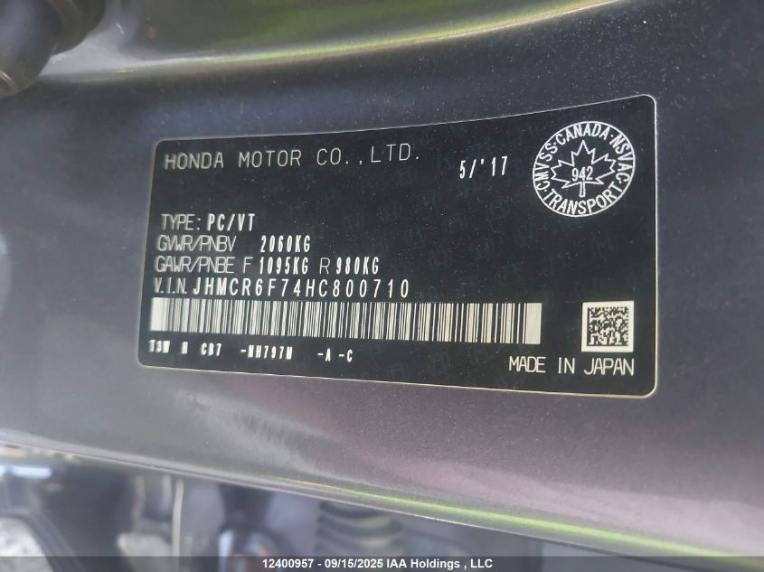 2017 Honda Accord Hybrid Touring VIN: JHMCR6F74HC800710 Lot: 12400957