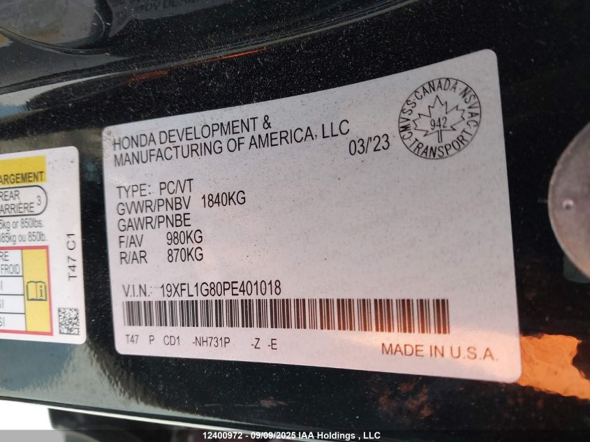 2023 Honda Civic Sport Touring VIN: 19XFL1G80PE401018 Lot: 12400972