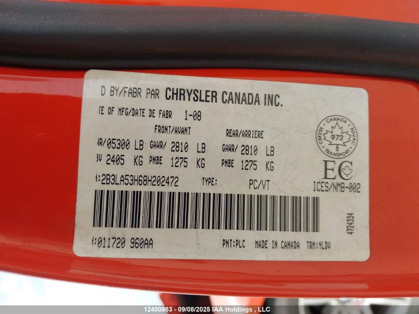2008 Dodge Charger R/T VIN: 2B3LA53H68H202472 Lot: 12400983