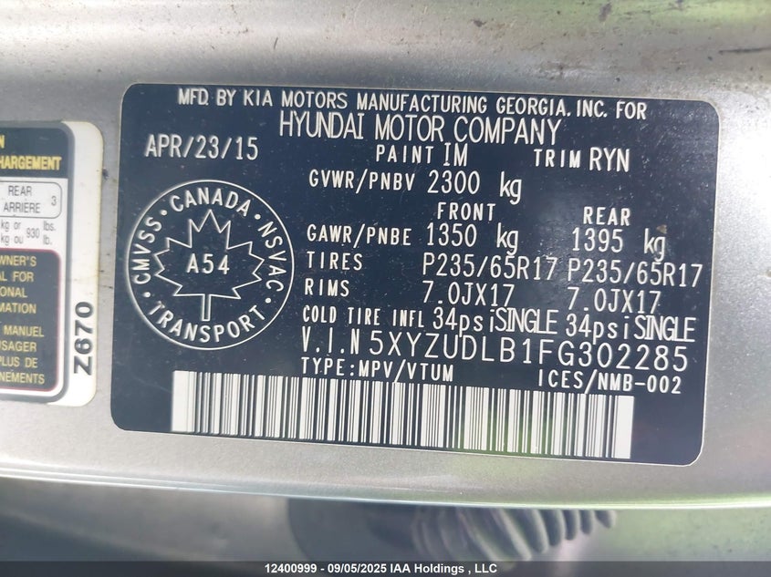 5XYZUDLB1FG302285 2015 HYUNDAI SANTA FE photo no. 9
