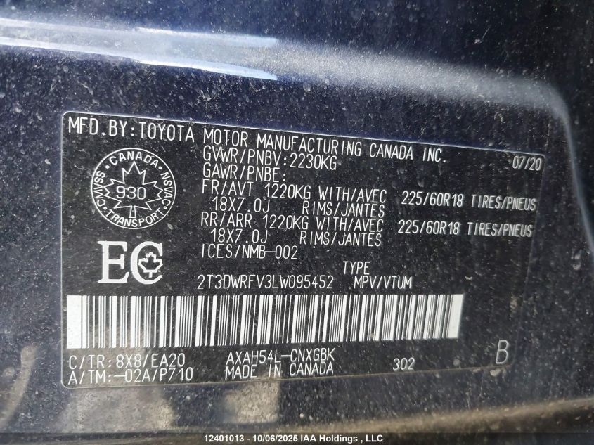 2020 Toyota Rav4 Limited VIN: 2T3DWRFV3LW095452 Lot: 12401013