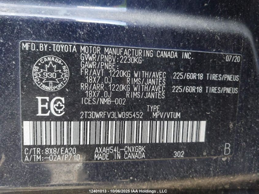 2020 Toyota Rav4 Limited VIN: 2T3DWRFV3LW095452 Lot: 12401013