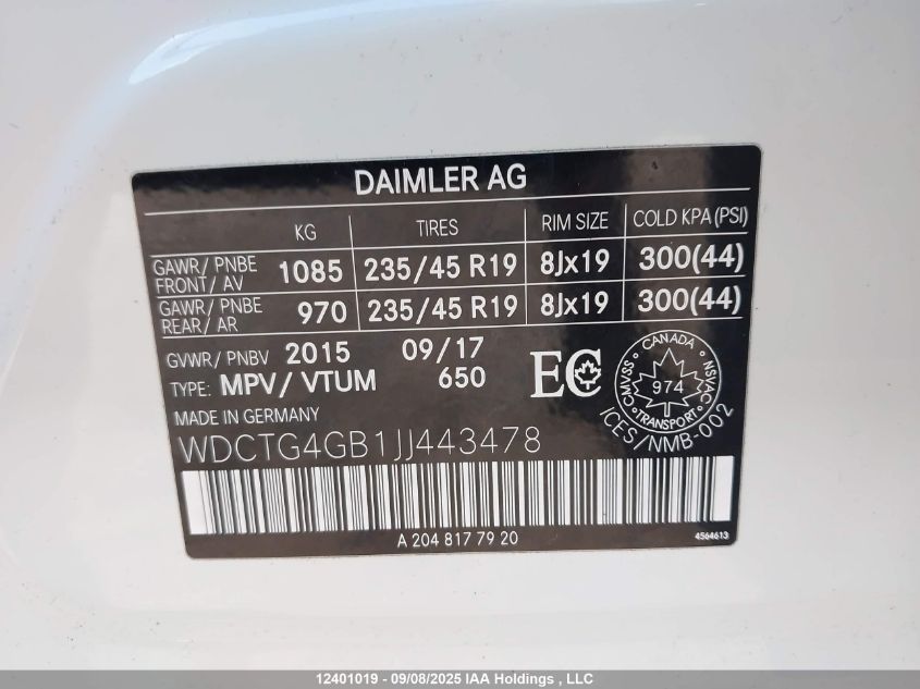 2018 Mercedes-Benz Gla 250 4Matic VIN: WDCTG4GB1JJ443478 Lot: 12401019