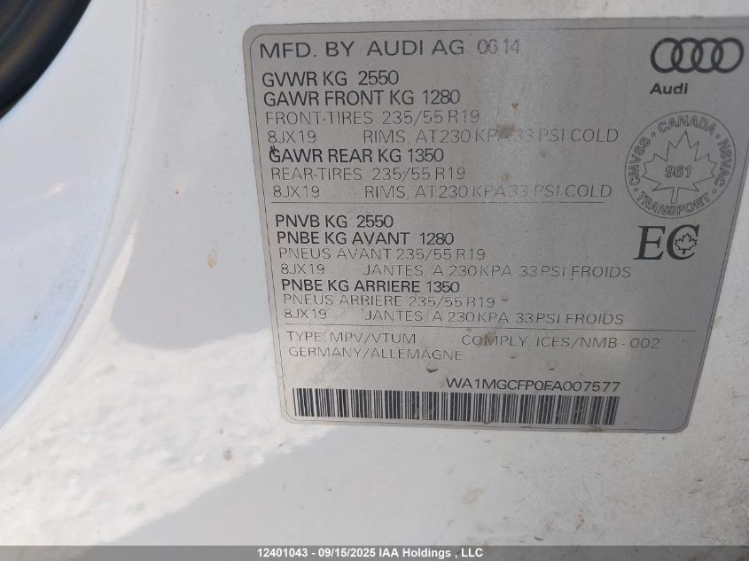 2015 Audi Q5 Technik VIN: WA1MGCFP0FA007577 Lot: 12401043