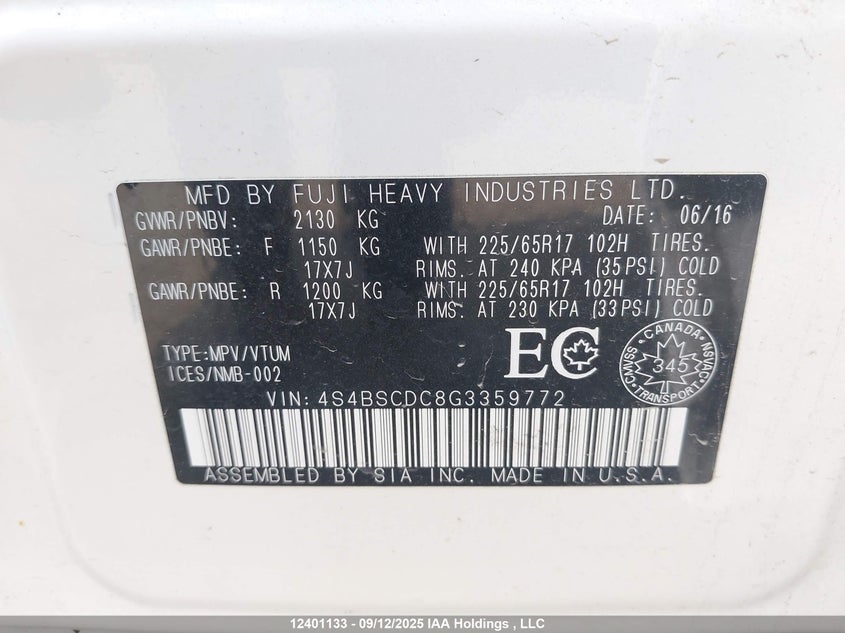 4S4BSCDC8G3359772 2016 SUBARU OUTBACK photo no. 9