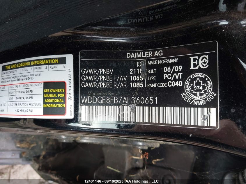 2010 Mercedes-Benz C 250 4Matic VIN: WDDGF8FB7AF360651 Lot: 12401146