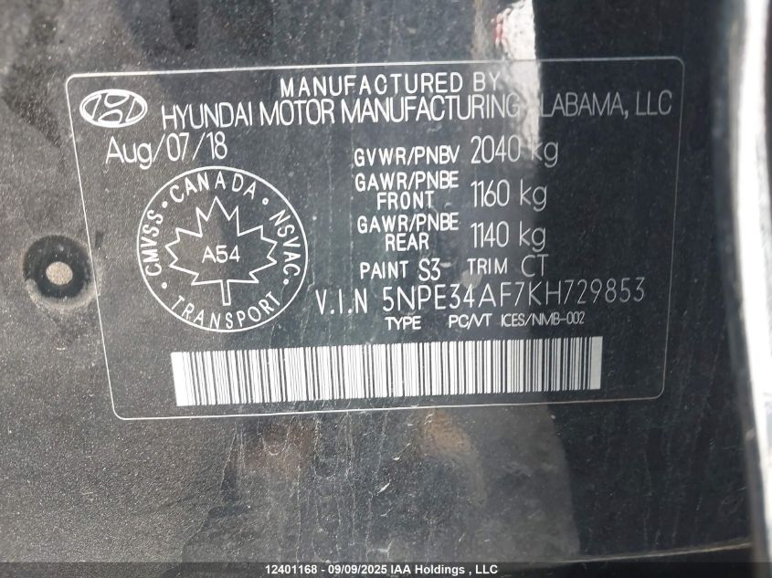 2019 Hyundai Sonata Preferred VIN: 5NPE34AF7KH729853 Lot: 12401168
