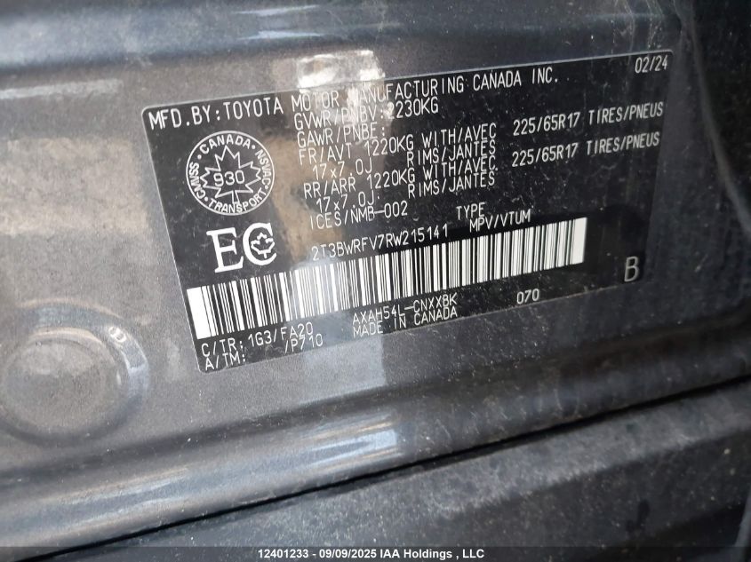 2024 Toyota Rav4 Hybrid Le VIN: 2T3BWRFV7RW215141 Lot: 12401233