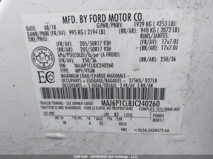 2018 Ford Ecosport Ses VIN: MAJ6P1CL8JC240260 Lot: 12401248