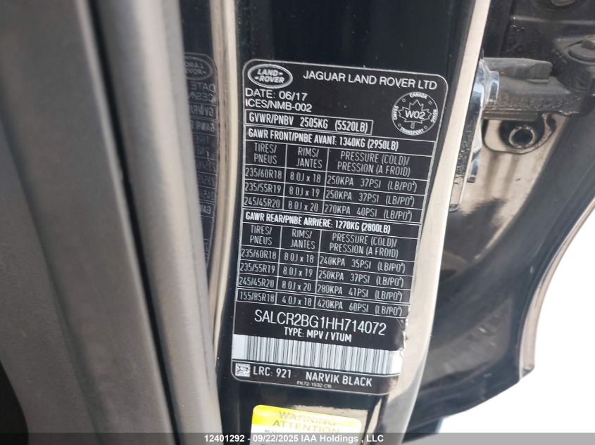 2017 Land Rover Discovery Sport Hse VIN: SALCR2BG1HH714072 Lot: 12401292