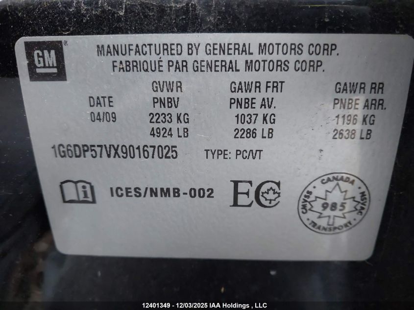 2009 Cadillac Cts VIN: 1G6DP57VX90167025 Lot: 12401349