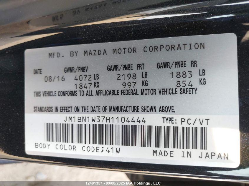 2017 Mazda 3 Grand Touring VIN: JM1BN1W37H1104444 Lot: 12401357