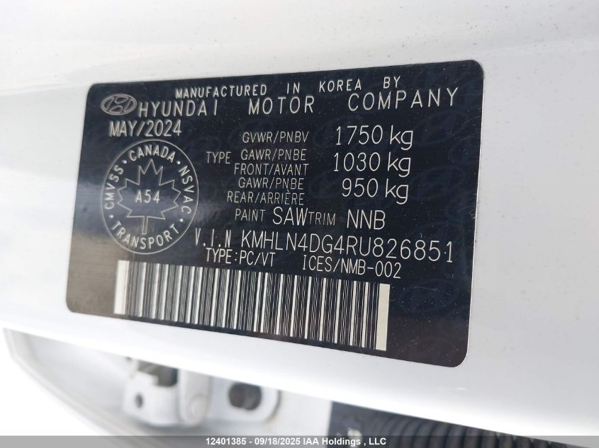 2024 Hyundai Elantra VIN: KMHLN4DG4RU826851 Lot: 12401385
