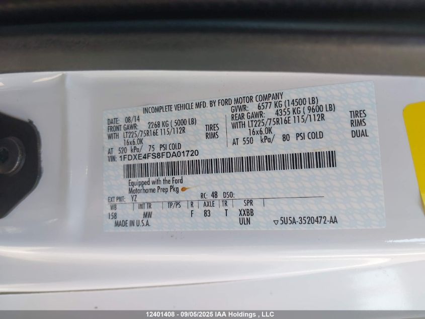 2015 Ford E-450 Cutaway VIN: 1FDXE4FS8FDA01720 Lot: 12401408
