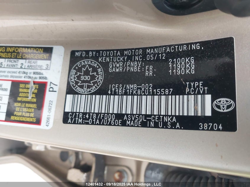 4T1BF1FK8CU115587 2012 TOYOTA CAMRY photo no. 9