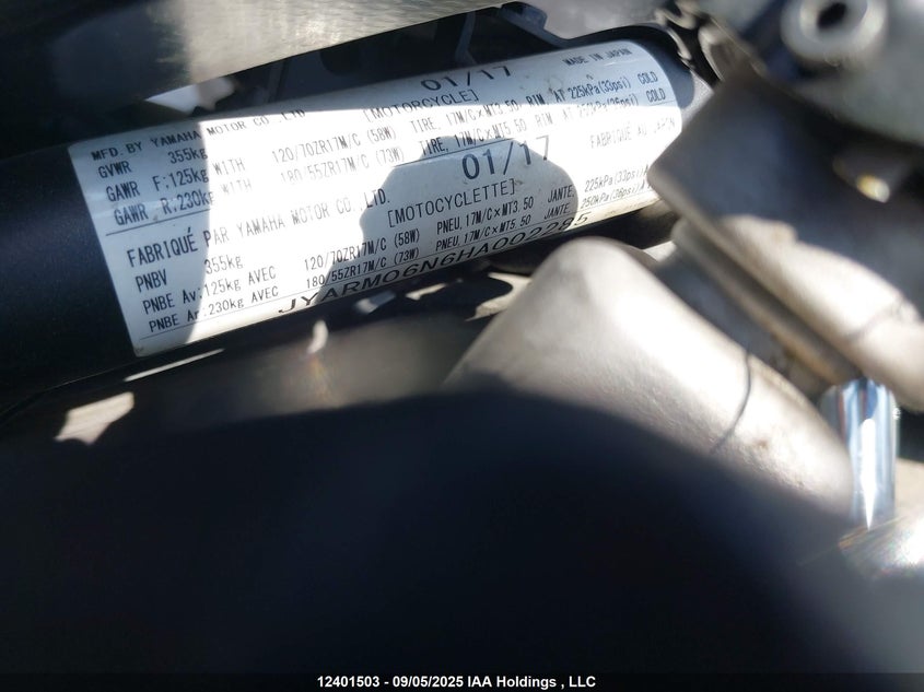 2017 Yamaha Fz07 VIN: JYARM06N6HA002285 Lot: 12401503