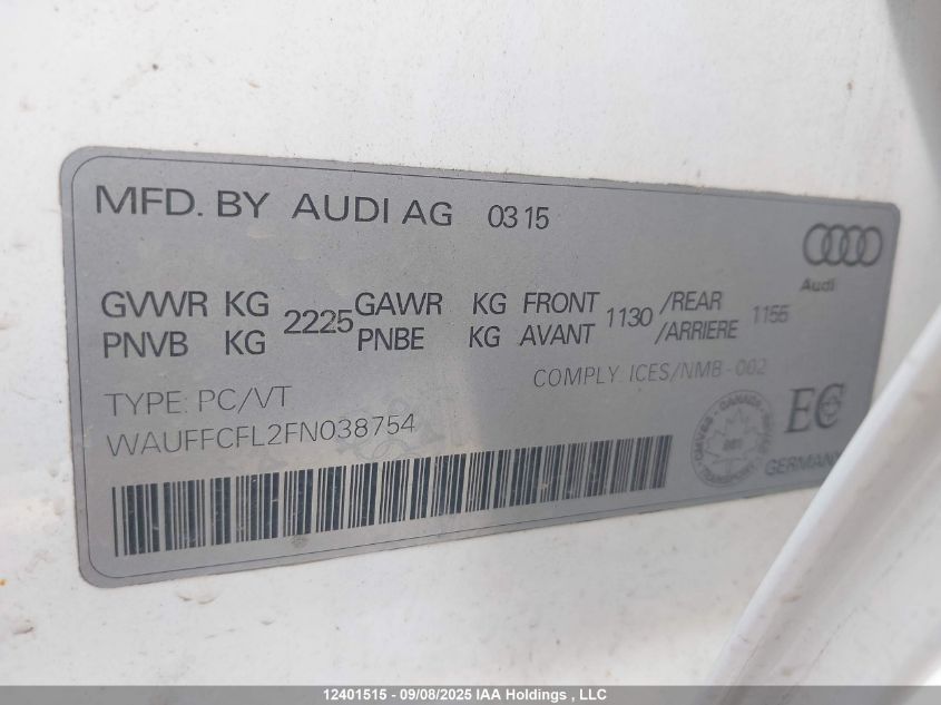 2015 Audi A4 VIN: WAUFFCFL2FN038754 Lot: 12401515
