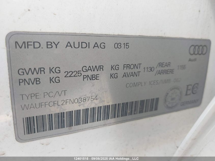2015 Audi A4 VIN: WAUFFCFL2FN038754 Lot: 12401515