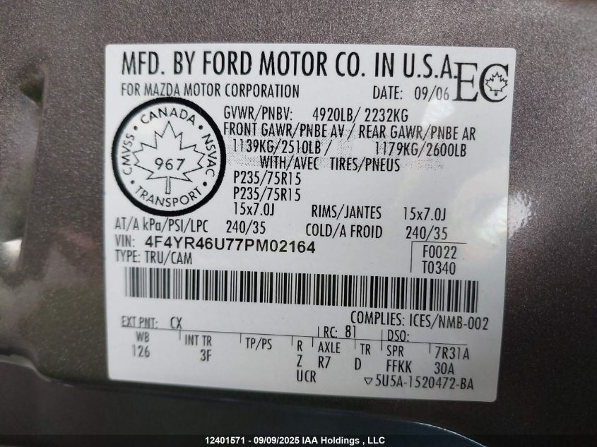 2007 Mazda B3000 Ds VIN: 4F4YR46U77PM02164 Lot: 12401571