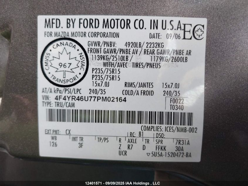 2007 Mazda B3000 Ds VIN: 4F4YR46U77PM02164 Lot: 12401571