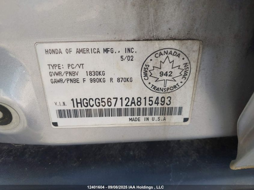 2002 Honda Accord VIN: 1HGCG56712A815493 Lot: 12401604