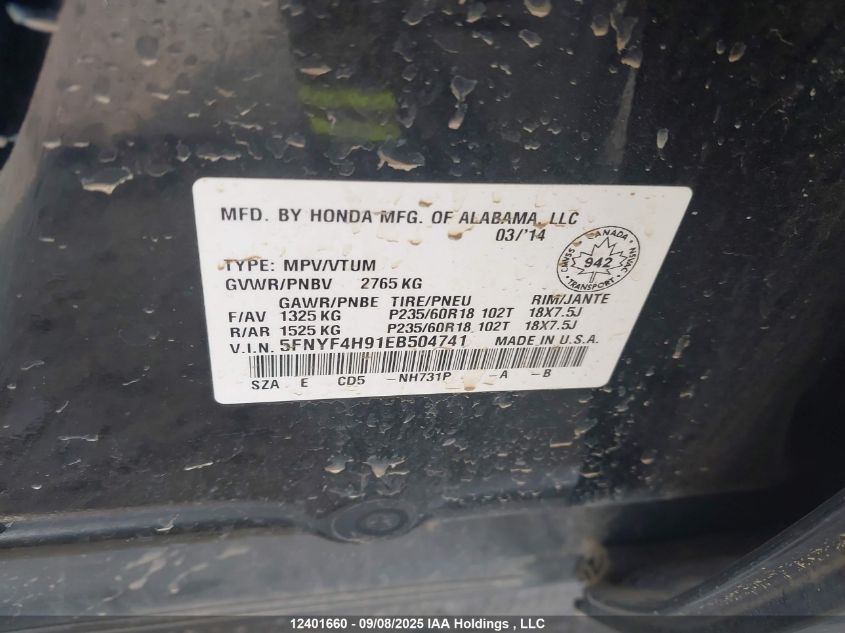 2014 Honda Pilot Touring VIN: 5FNYF4H91EB504741 Lot: 12401660