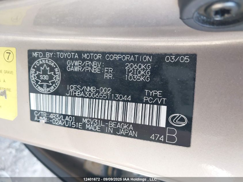 2005 Lexus Es 330 VIN: JTHBA30G655113044 Lot: 12401672