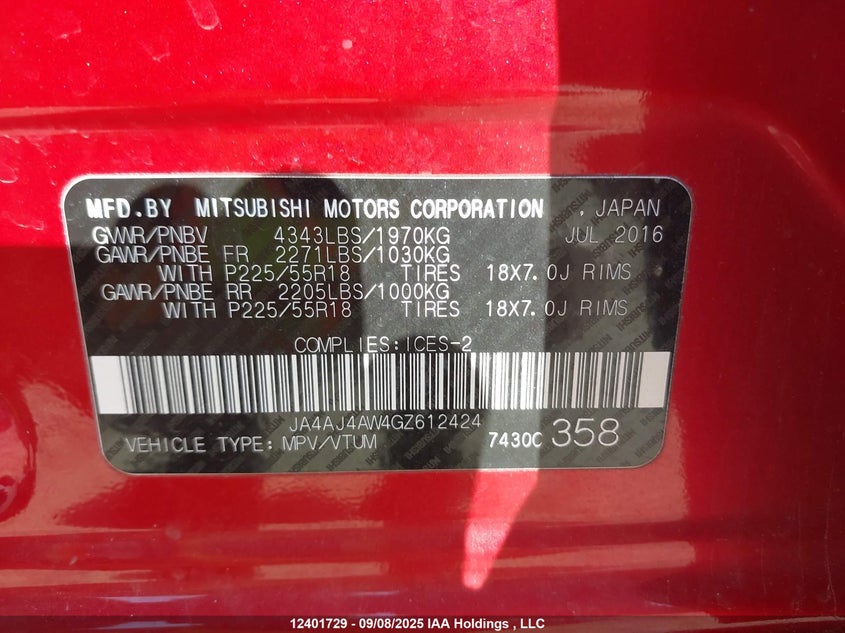 2016 Mitsubishi Rvr Gt/Se Limited Edition VIN: JA4AJ4AW4GZ612424 Lot: 12401729