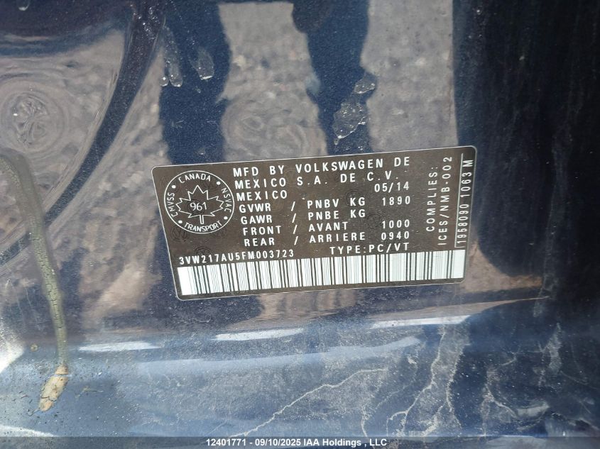 2015 Volkswagen Golf VIN: 3VW217AU5FM003723 Lot: 12401771
