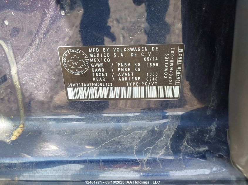 2015 Volkswagen Golf VIN: 3VW217AU5FM003723 Lot: 12401771
