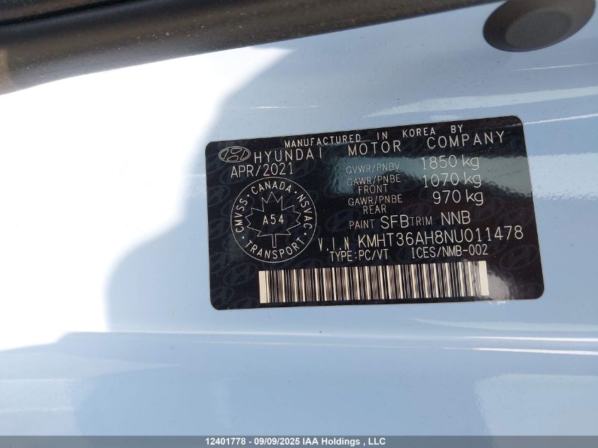 2022 Hyundai Veloster VIN: KMHT36AH8NU011478 Lot: 12401778