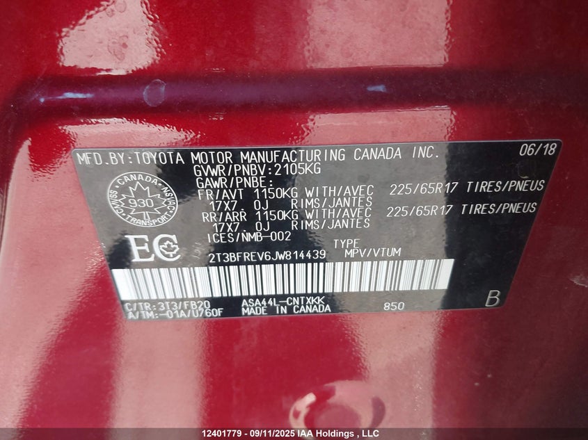 2018 Toyota Rav4 Le VIN: 2T3BFREV6JW814439 Lot: 12401779