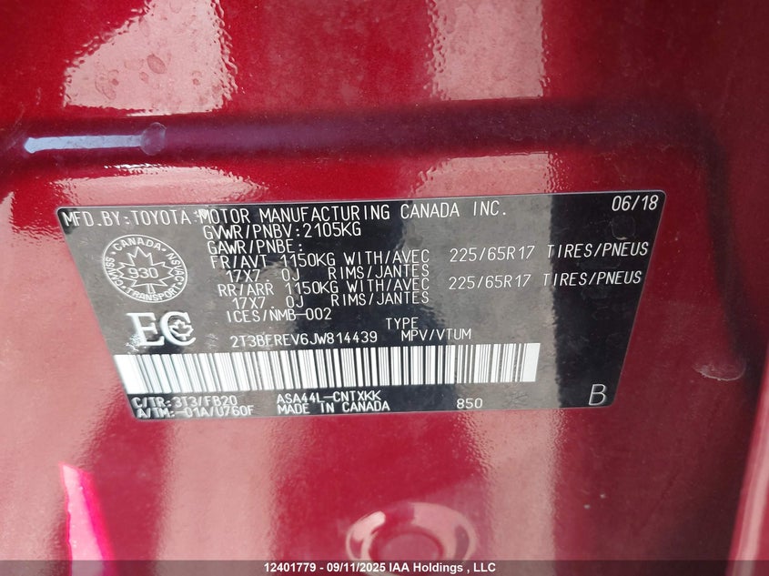 2018 Toyota Rav4 Le VIN: 2T3BFREV6JW814439 Lot: 12401779