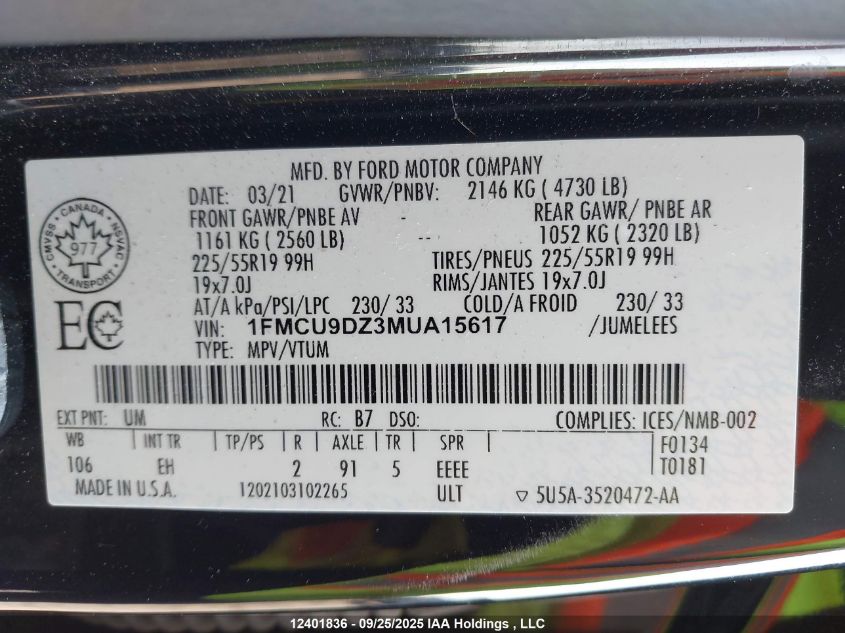 2021 Ford Escape Titanium Hybrid VIN: 1FMCU9DZ3MUA15617 Lot: 12401836