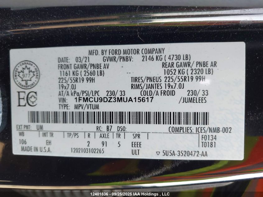 2021 Ford Escape Titanium Hybrid VIN: 1FMCU9DZ3MUA15617 Lot: 12401836