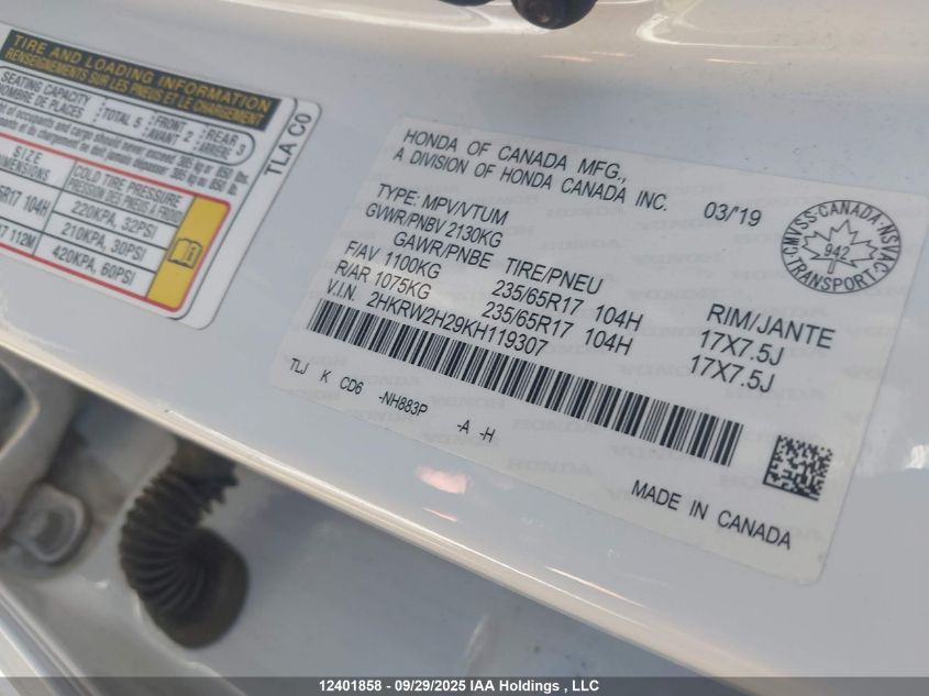 2019 Honda Cr-V Lx VIN: 2HKRW2H29KH119307 Lot: 12401858