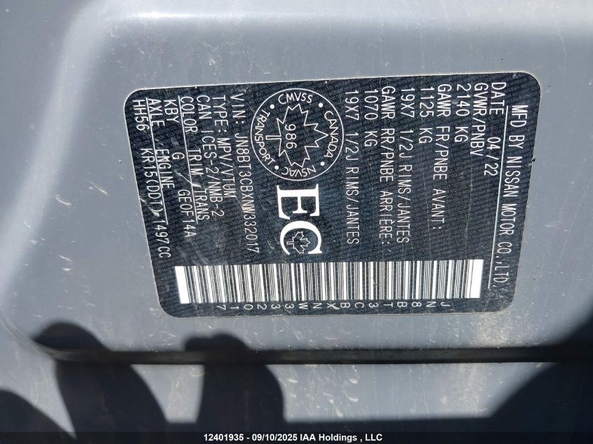 2022 Nissan Rogue Sl VIN: JN8BT3CBXNW332017 Lot: 12401935