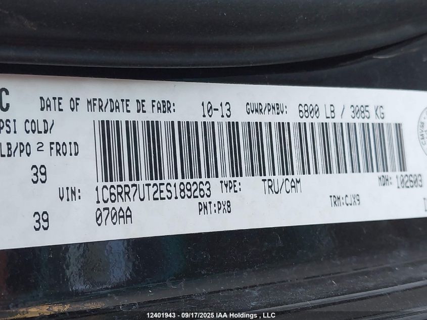 2014 Ram 1500 Sport VIN: 1C6RR7UT2ES189263 Lot: 12401943