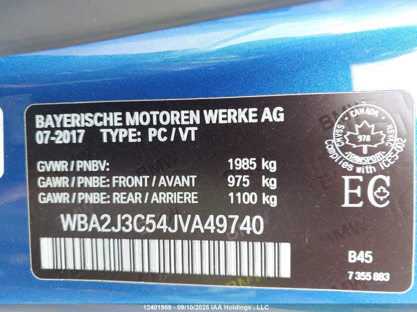 2018 BMW 2 Series VIN: WBA2J3C54JVA49740 Lot: 12401959