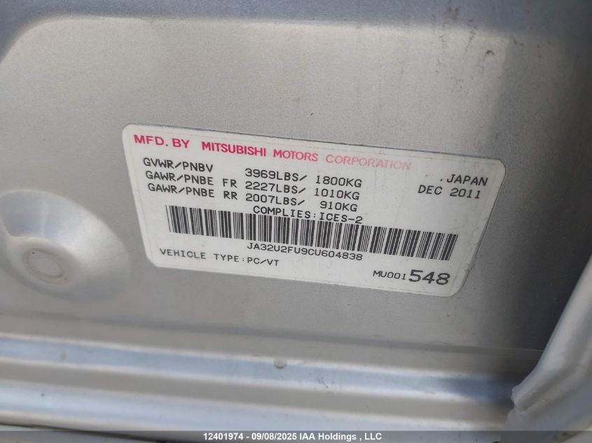 2012 Mitsubishi Lancer Es/Es Sport VIN: JA32U2FU9CU604838 Lot: 12401974