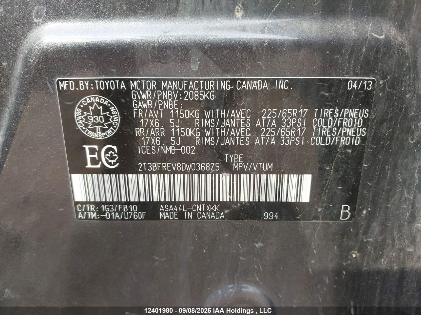 2013 Toyota Rav4 Le VIN: 2T3BFREV8DW036875 Lot: 12401980