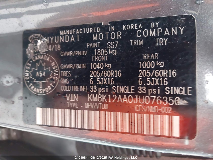 KM8K12AA0JU076350 2018 HYUNDAI KONA photo no. 9