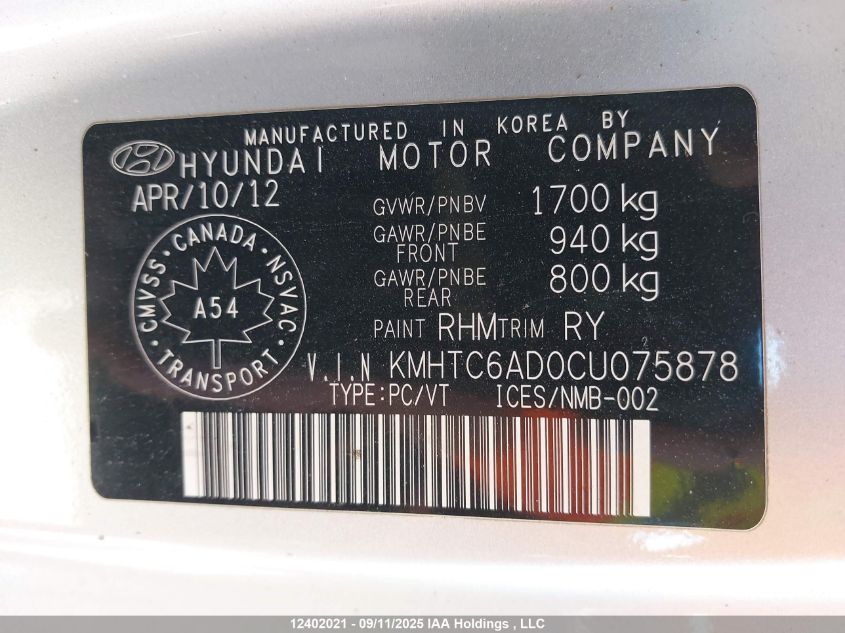 2012 Hyundai Veloster VIN: KMHTC6AD0CU075878 Lot: 12402021