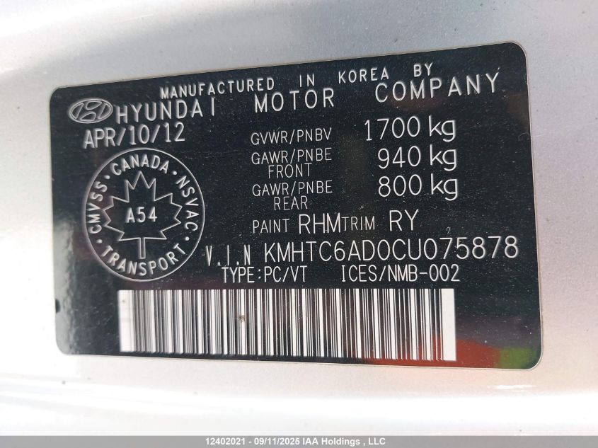 2012 Hyundai Veloster VIN: KMHTC6AD0CU075878 Lot: 12402021