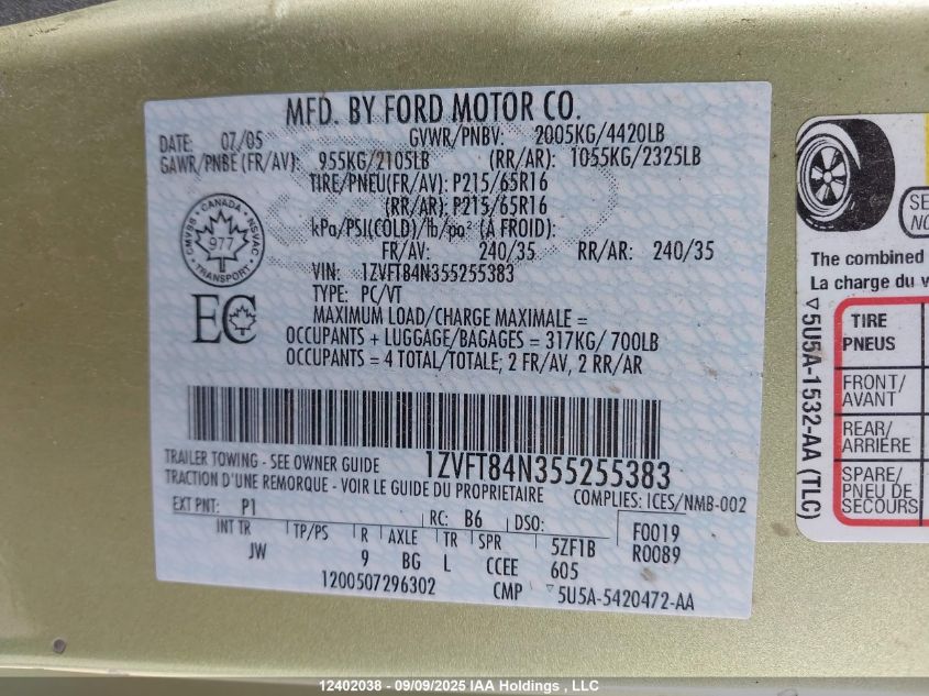 2005 Ford Mustang Convertible VIN: 1ZVFT84N355255383 Lot: 12402038