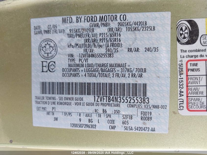 2005 Ford Mustang Convertible VIN: 1ZVFT84N355255383 Lot: 12402038